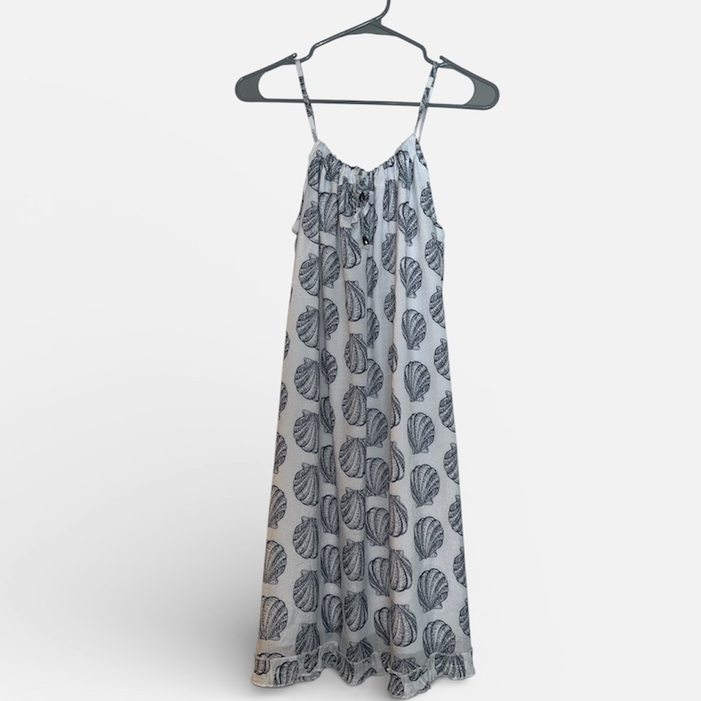 White and Blue Shell Linen Print Dress
